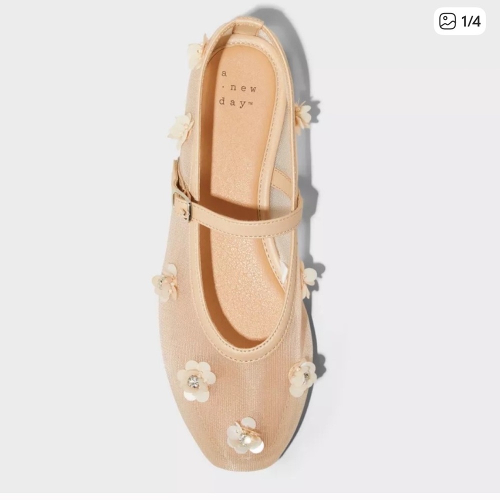 NWT Beige Everly Floral Mesh Mary Jane Ballet Flats | A New Day